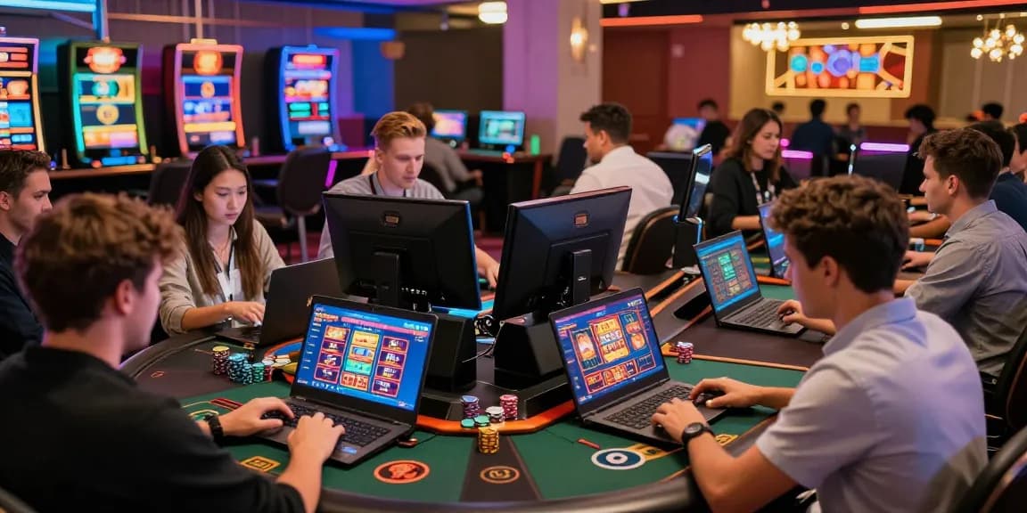 Engaged players at online credit card casinos immersed in virtual gaming on laptops and tablets.