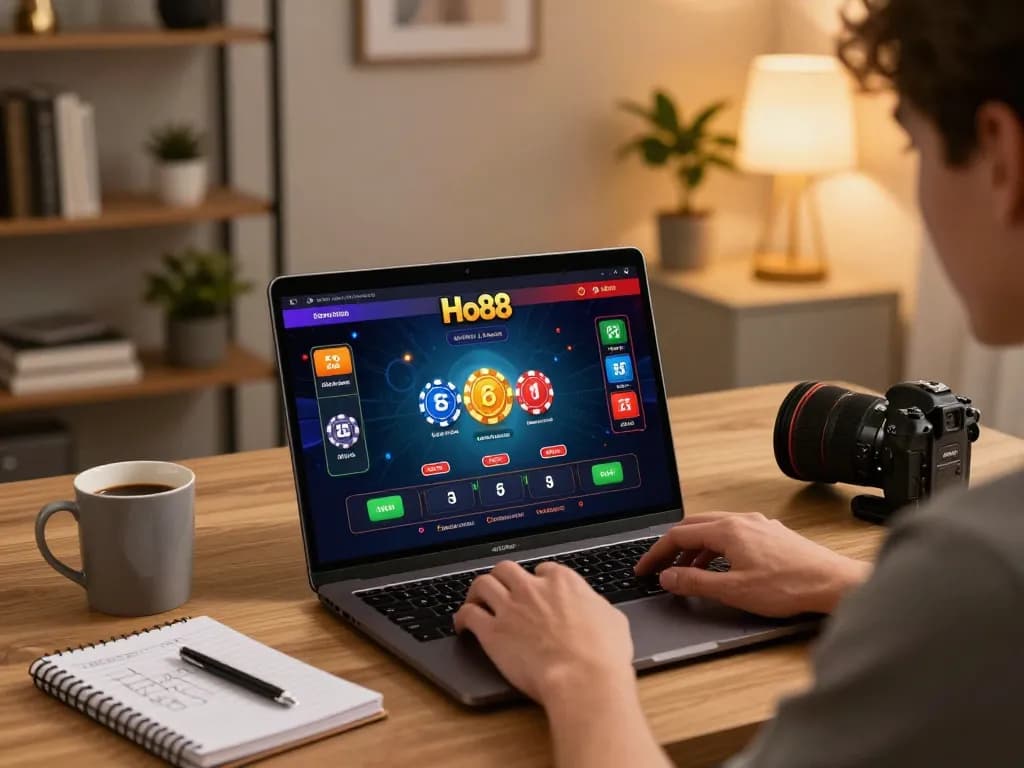 Player enjoying a live dealer game on Ho88, showcasing an exciting online casino experience in a cozy setting.
