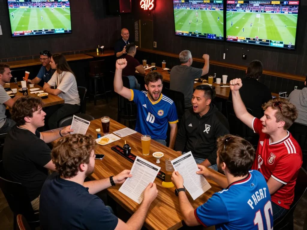 Engaging environment demonstrating sports betting excitement with debet users analyzing slips and cheering