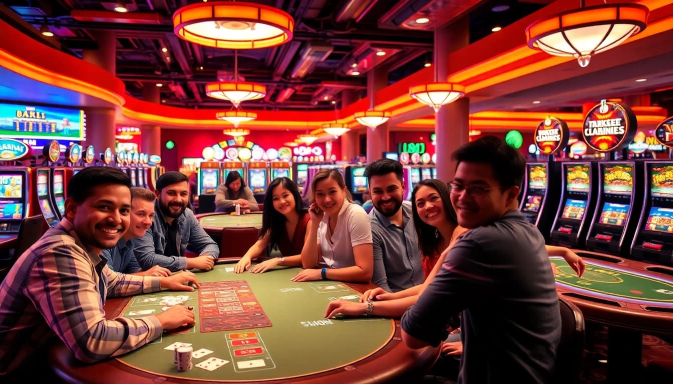 Non gamstop casino Uk players enjoying a lively atmosphere at a bustling gaming table.