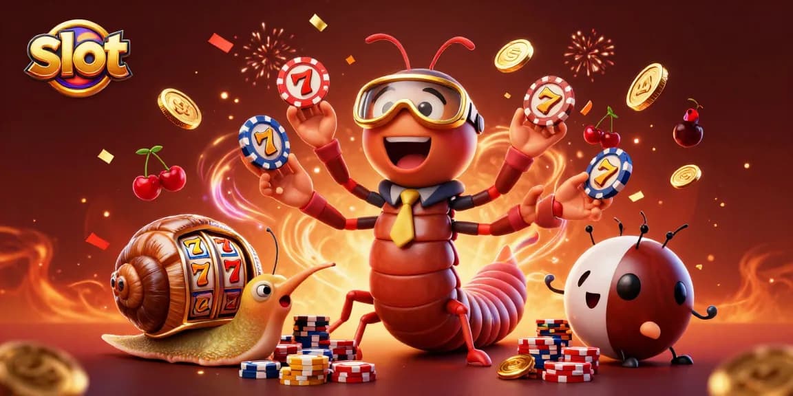 Spin to win in this vibrant slot scene featuring a millipede dealer and high-roller snail.