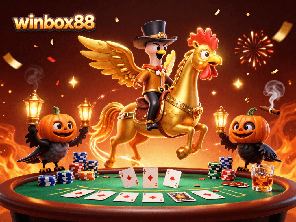 Experience the excitement at winbox88 with a golden rooster and friends in a vibrant casino scene.