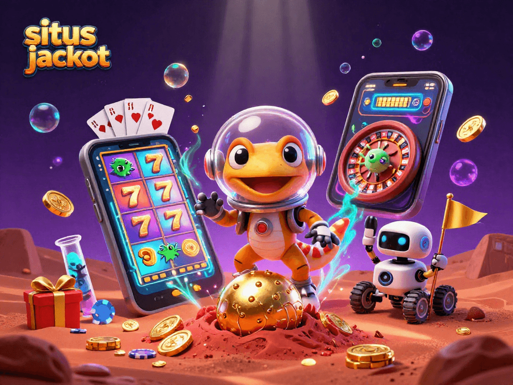 Engage in the situs slot jackpot experience with Martian gecko and robot in a vibrant casino scene.