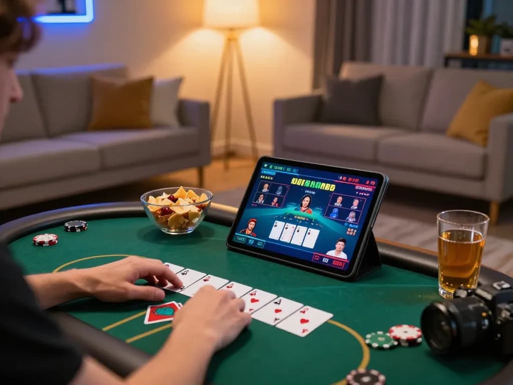 Sunwin player engaged in online poker tabletop gaming, showcasing strategy in a cozy setting