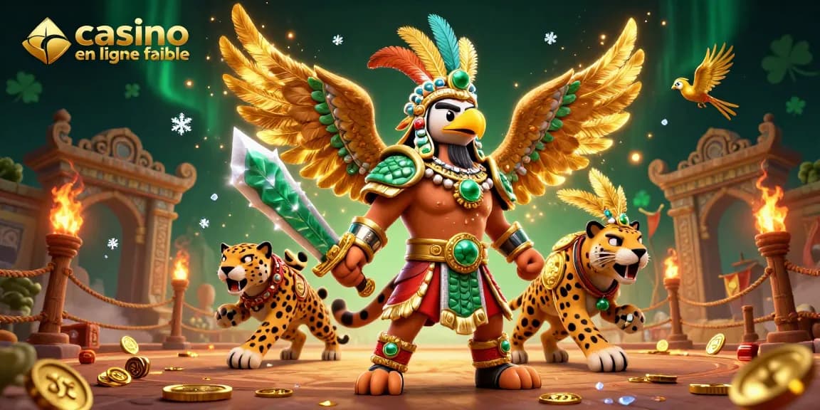 Dans cette illustration vibrante, un casino en ligne fiable est représenté par des guerriers azteques et des éléments de jeu captivants.