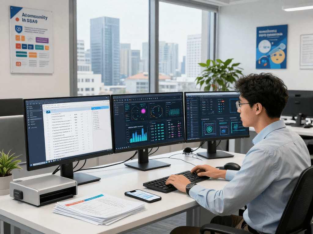 AI detector workspace featuring a data analyst analyzing content moderation metrics and dashboards.