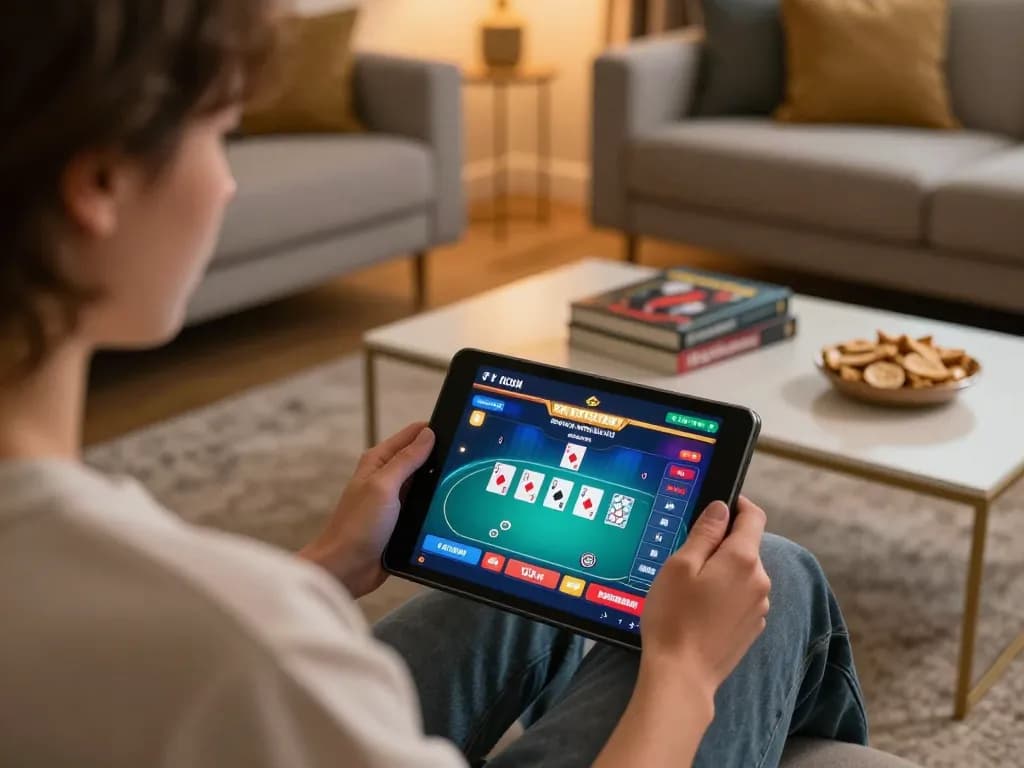 kinggaruda138 player enjoying online poker game on tablet in cozy home setup