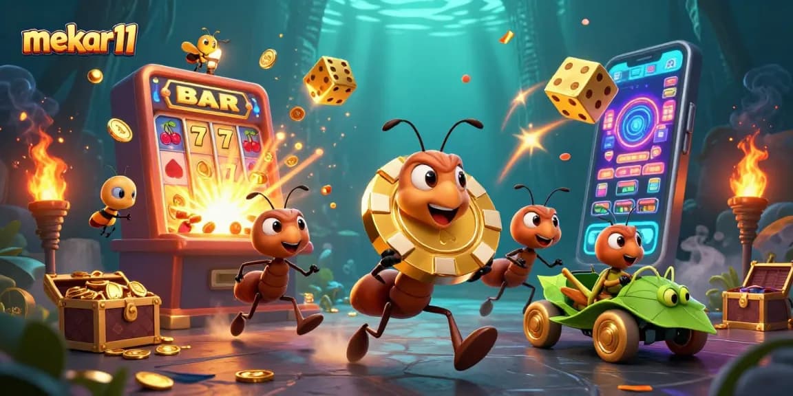 Mekar11 showcases thrilling slot action with ants heisting a giant poker chip amid jackpot bursts.
