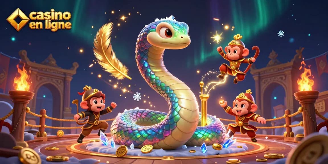 Découvrez un univers coloré de jeux de casino en ligne, avec un serpent arc-en-ciel et un roi singe s'amusant.