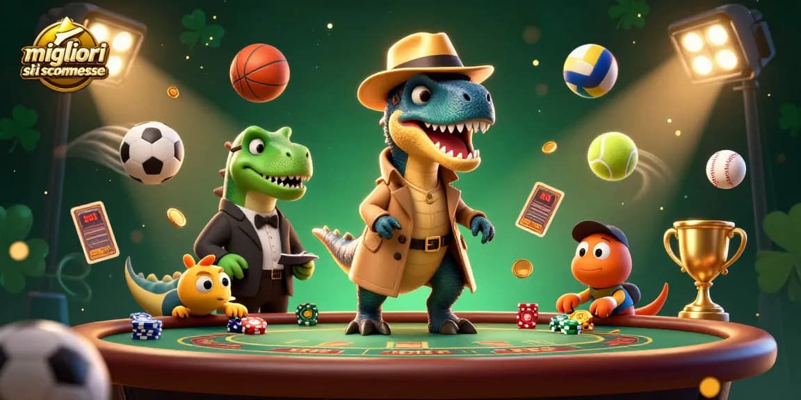Un'illustrazione 3D che rappresenta i migliori siti scommesse con un velociraptor ai tavoli di blackjack e elementi sportivi dinamici.