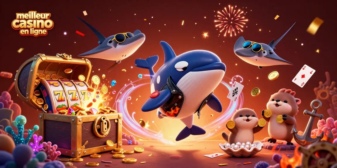 Illustration dynamique de meilleur casino en ligne avec orque, raie et loutres marines tenant des pièces d'or.