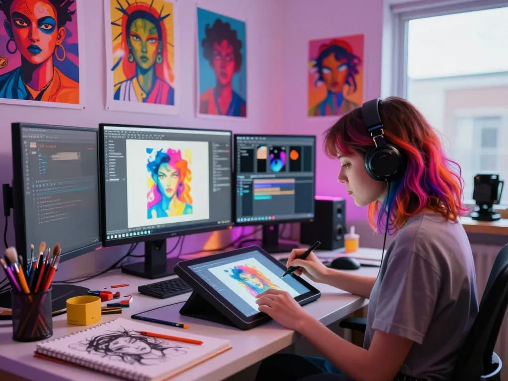NSFW AI creation in a vibrant digital art studio, showcasing innovative techniques.