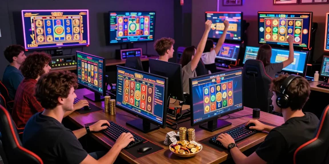 Pengalaman bermain slot online di ruang modern dengan grafik cerah dan suasana meriah
