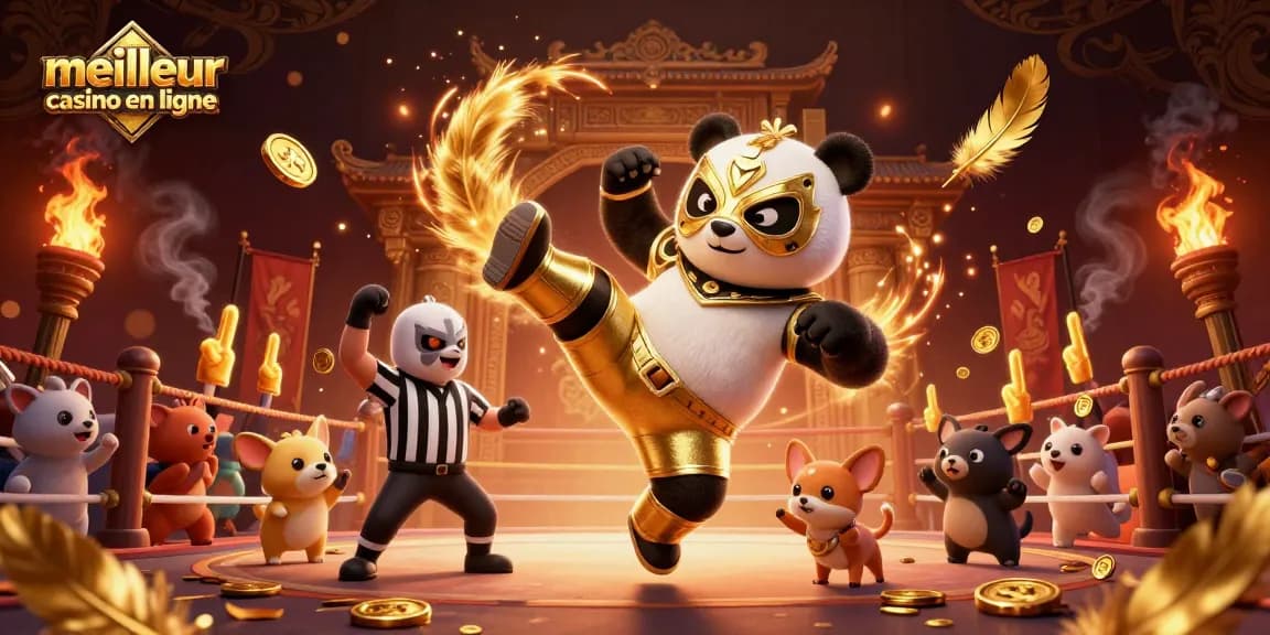 Illustration dynamique pour le meilleur casino en ligne, montrant un panda lutteur en action.