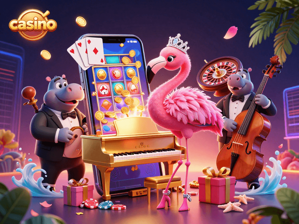 Experience the vibrant casino atmosphere with a flamingo singer and hippo bassist in 3D.