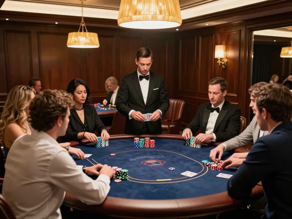 Players enjoying a high-stakes poker game at uu88 net VIP table, showcasing luxurious decor and engagement.