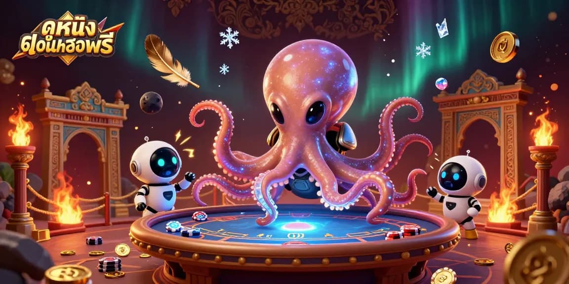 Play exciting poker with ดูหนังออนไลน์ฟรี featuring a colorful alien octopus and robot companion in an energetic casino setting.