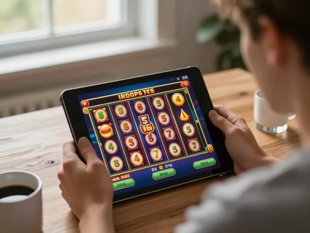 Engaging in slot games while đăng ký Jun88 on a tablet in a cozy home setting