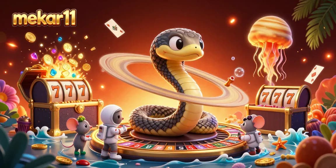 Experience mekar11 with a vibrant cosmic casino scene featuring an interactive roulette wheel designed around a Saturn ring snake.