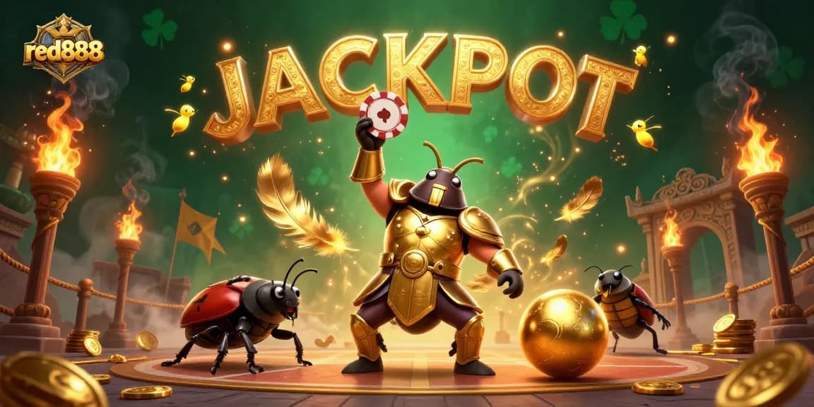 Experience the thrill with red888 as a victorious beetle lifts a poker chip amid dazzling casino elements.