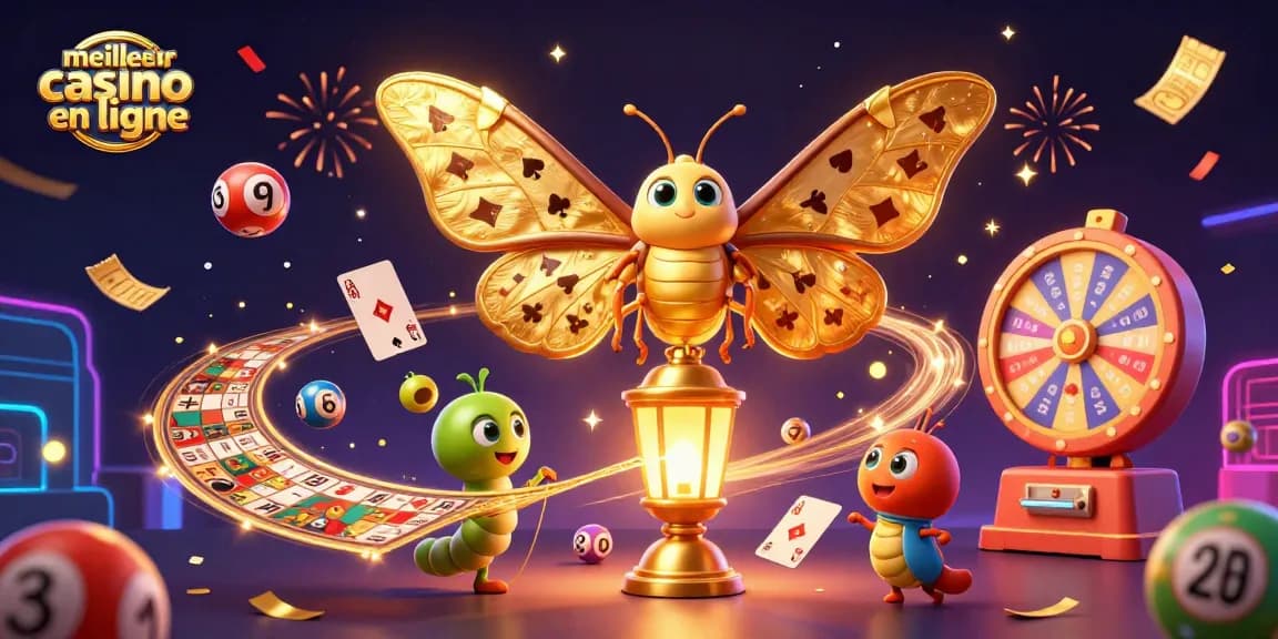 Visuel vibrant de meilleur casino en ligne avec un papillon en 3D et des éléments de loterie.
