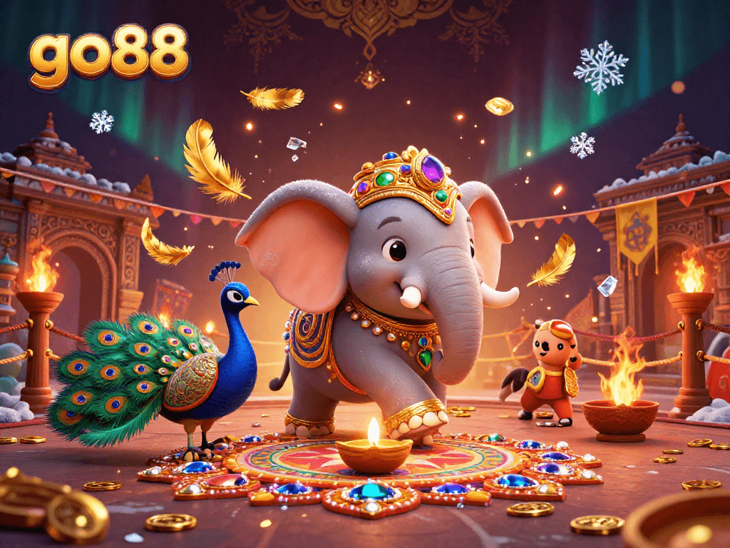 Join the fun at go88 with vibrant casino elements in a festive celebration scene.