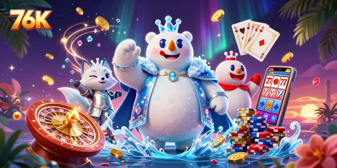 Win big at 76K with thrilling games like slots and roulette amidst a magical 3D scene.