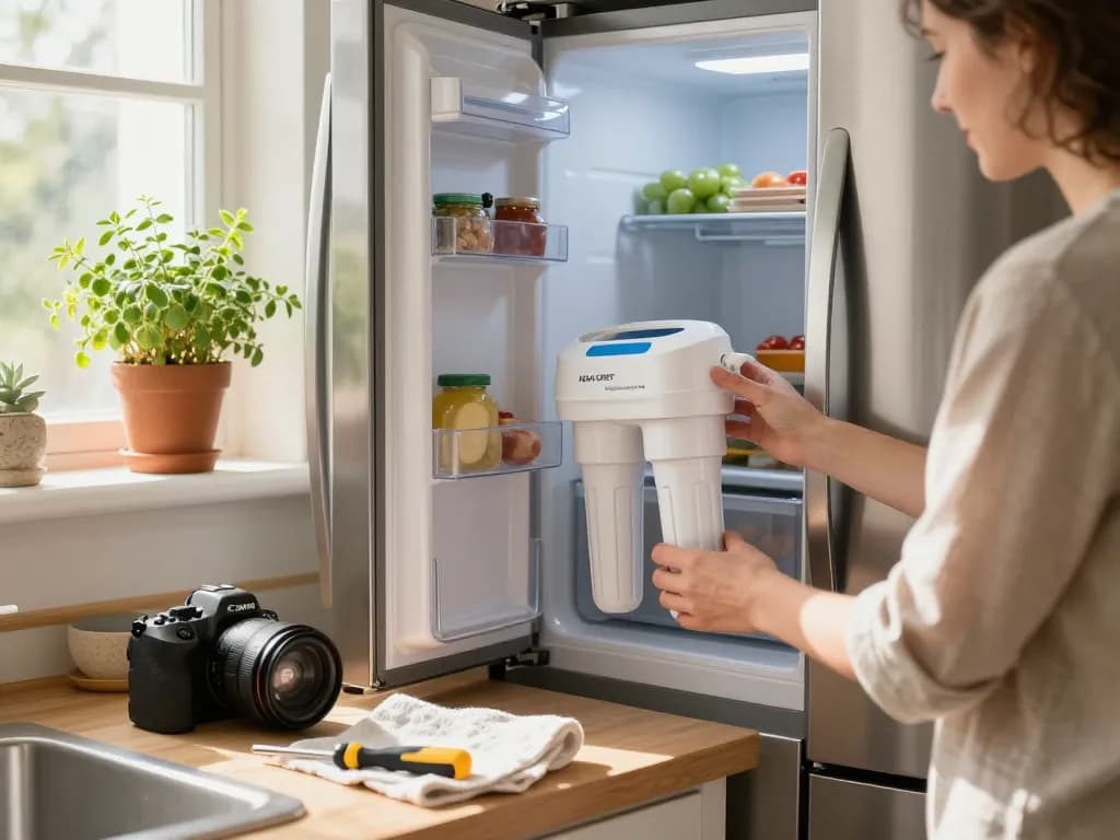 AQUA CREST WF1CB Replacement for Frigidaire® PureSource WFCB® being inspected in a cozy kitchen, emphasizing appliance maintenance and healthy living.