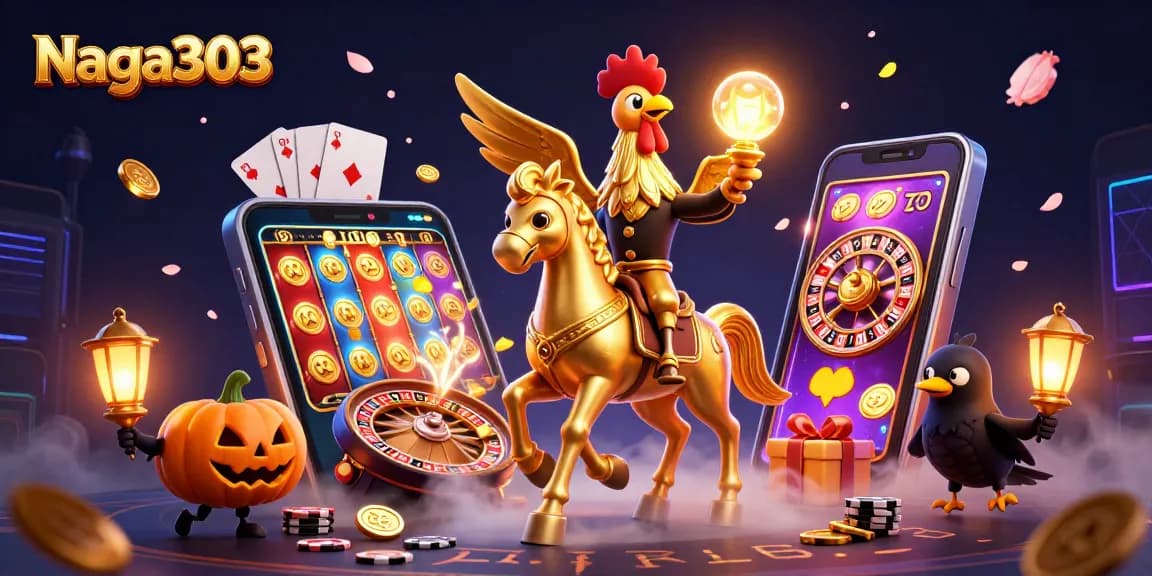 Naga303 ignites excitement with colorful slots and golden rooster in an animated casino scene