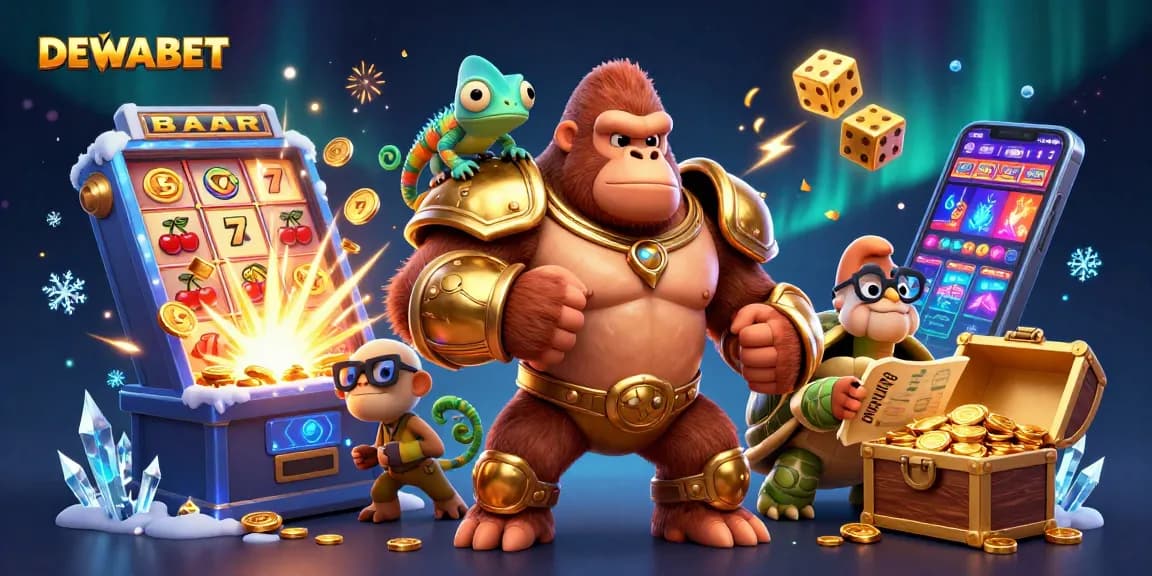 Experience thrilling gameplay at DEWABET with a colorful slot machine explosion and cartoon characters.