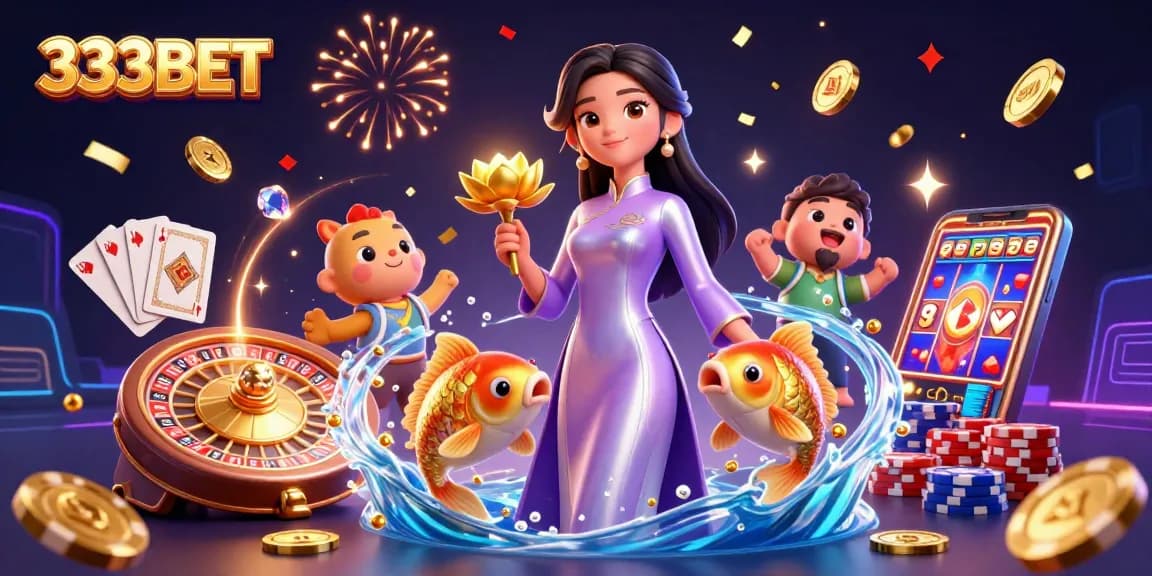 Experience excitement with 333BET as playful koi fish and coins surround a vibrant casino scene.