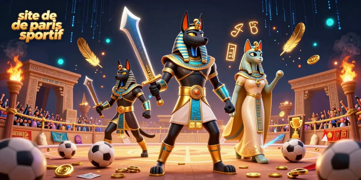 Unissant des éléments dynamiques, cette illustration montre le site de paris sportif, avec Anubis et Bastet en plein milieu du jeu.