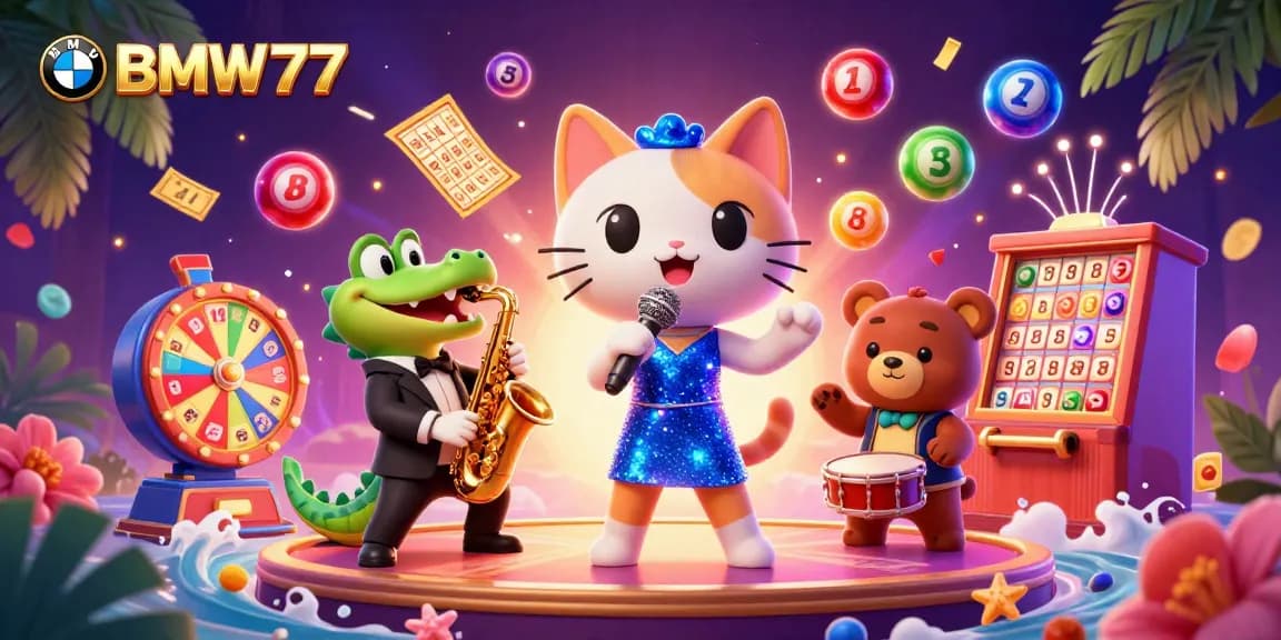 Experience excitement with BMW777 in a vibrant casino scene featuring colorful lottery balls and lively characters.