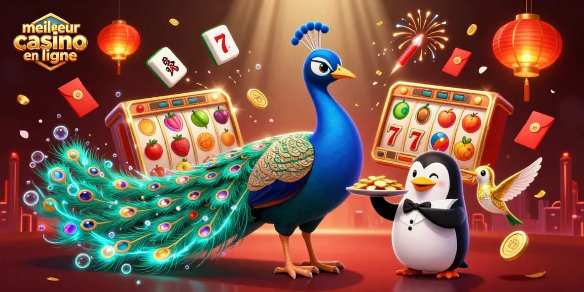 Illustration vibrante représentant le meilleur casino en ligne avec des personnages de jeu, des rouleaux de machines à sous et des éléments festifs.