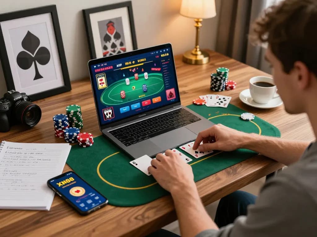 Player using XN88 app on laptop for online poker strategy, surrounded by gaming accessories.