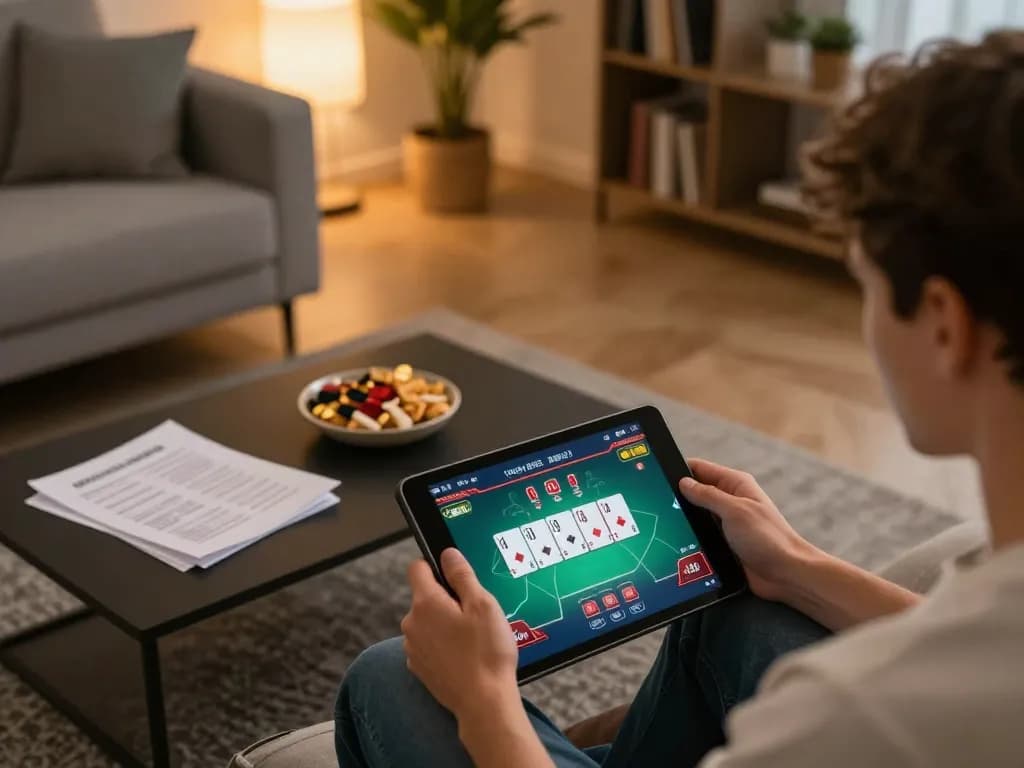 Engaging in online poker at home with 92slot interface on tablet and strategic notes on table