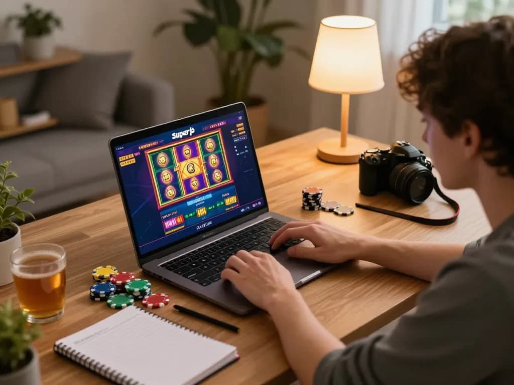 Engaged player enjoying superjp online gaming experience in cozy home setup