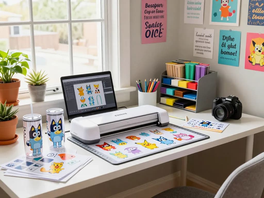 Hobbyist creating SVG tumbler designs in a colorful home studio, showcasing a Cricut machine and vibrant craft materials.