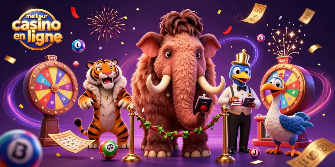 Émerveillez-vous au meilleur casino en ligne avec des personnages animés au cœur de l'action, entourés de tickets et de boules colorées.