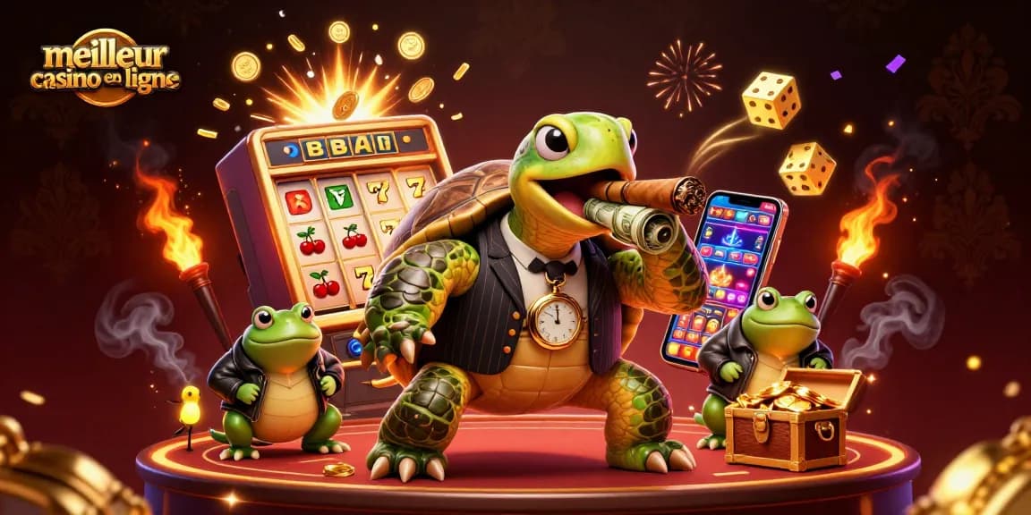 Illustration du meilleur casino en ligne avec une tortue massive en costume de gangster, flanquée de grenouilles.