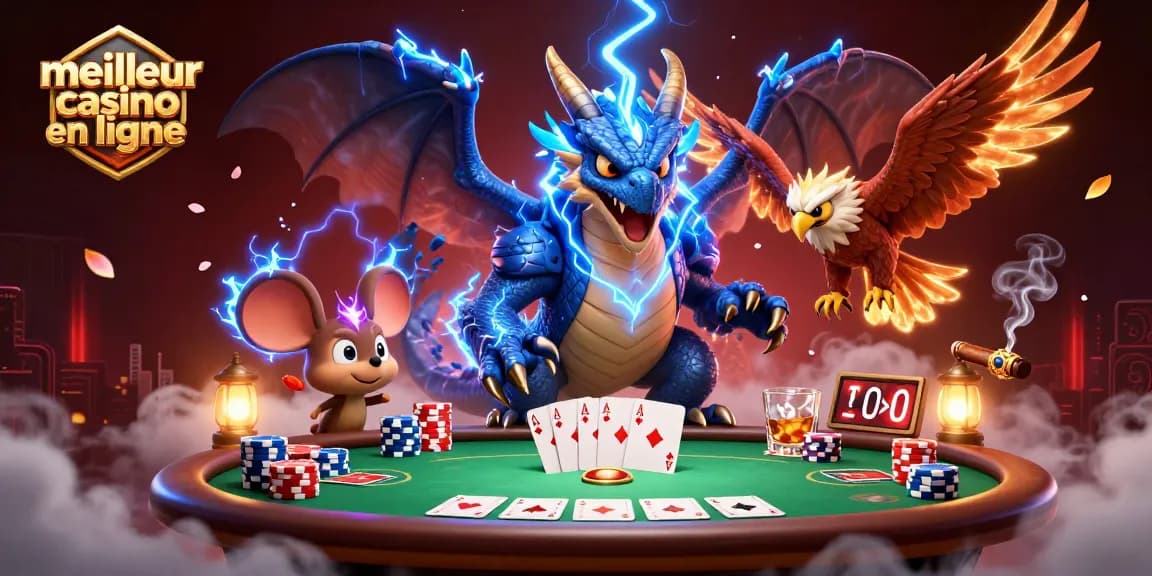 Une scène dynamique au meilleur casino en ligne, avec un dragon et un faucon de tempête.