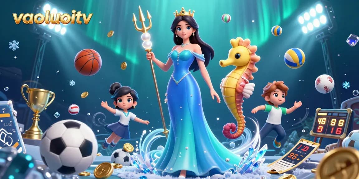 Experience thrilling sports betting with vaoluoitv's dynamic illustration featuring a stunning woman and seahorse king among exciting game elements.