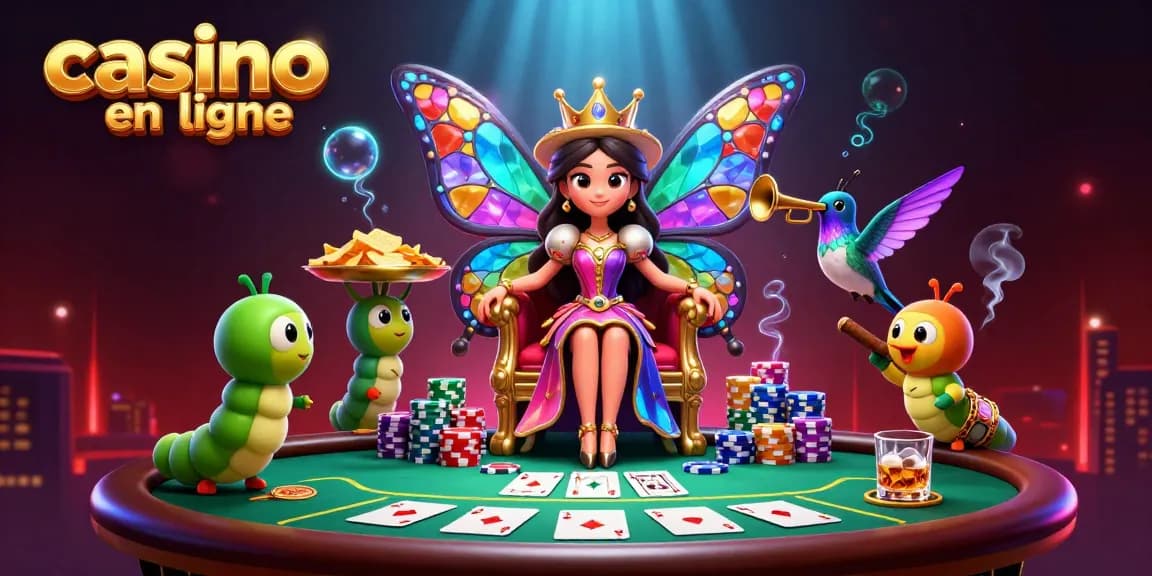 Jouez au casino en ligne avec une illustration riche en détails : reine papillon et éléments de poker.