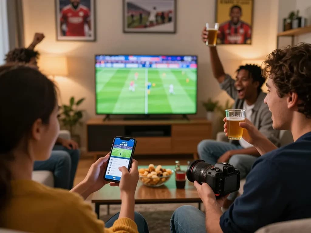 Excited friends engaging in sports betting on the xo88 app during a live football match at home.