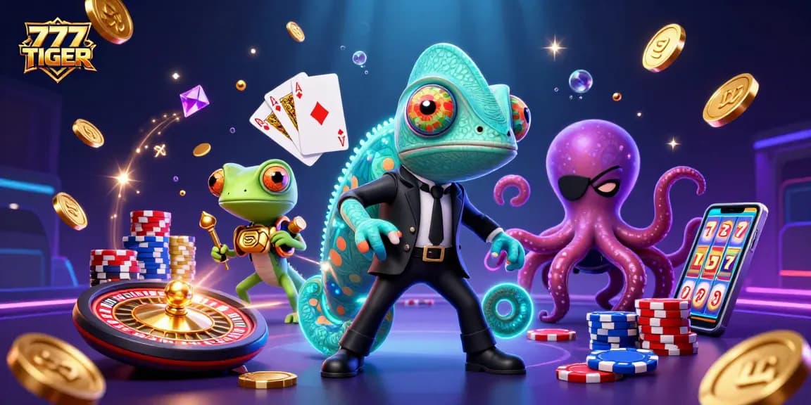 Experience thrilling gameplay at 777TIGER with colorful slot reels and dynamic casino characters.