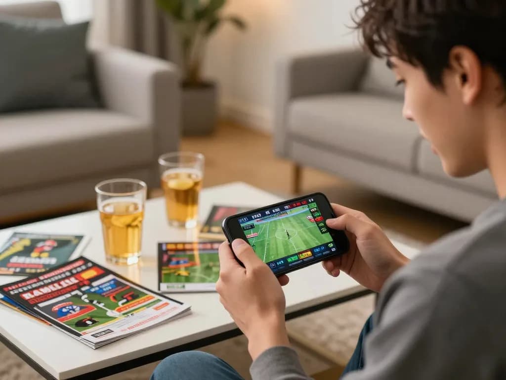 Engaged player using vin88 for mobile sports betting, showing excitement and strategic focus.