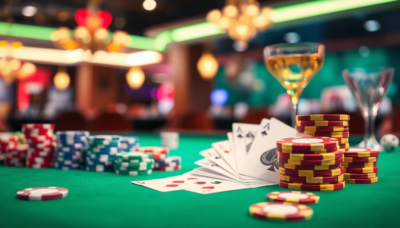 Mengguncang keberuntungan di bbni4d dengan tumpukan chip kasino yang berwarna-warni dan kartu bermain yang menarik.