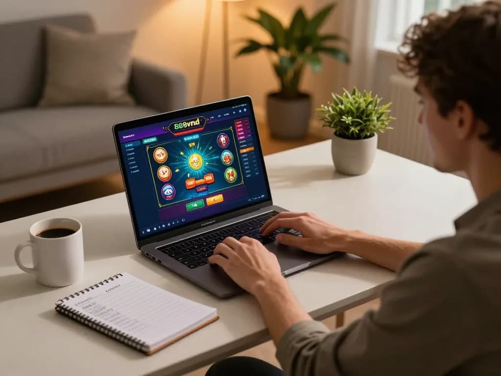 Player engaging with 888vnd online casino on laptop, showcasing vibrant game graphics and strategic betting.