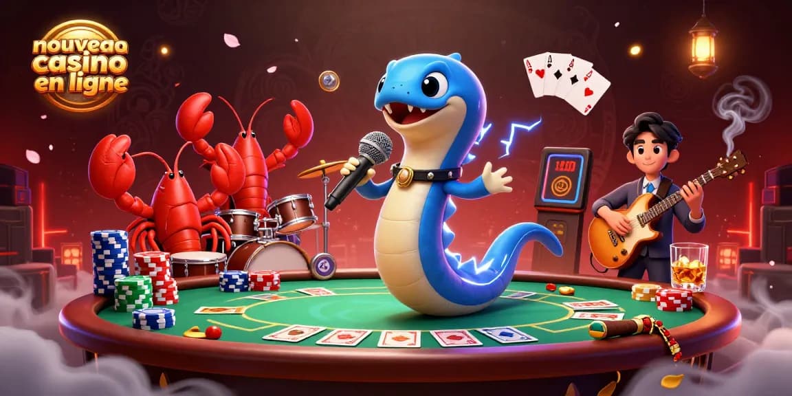Un spectacle de musique et de jeux au nouveau casino en ligne, mettant en vedette un DJ anguille électrique entouré de musiciens amusants.