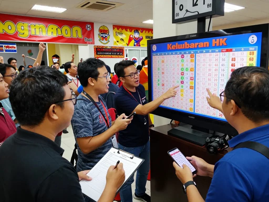 Excited players eagerly following Keluaran HK results in a vibrant Togel Hongkong setting, showcasing community engagement.